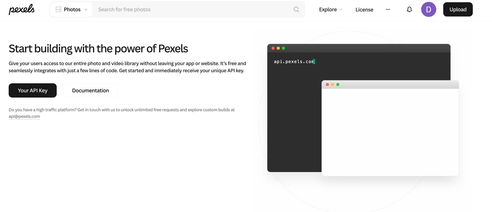 Страница Pexels API с описанием доступа к библиотеке фотографий и видео